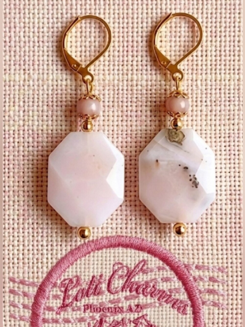 Natural Large Peruvian Pink Opal In Gold Plated Earrings